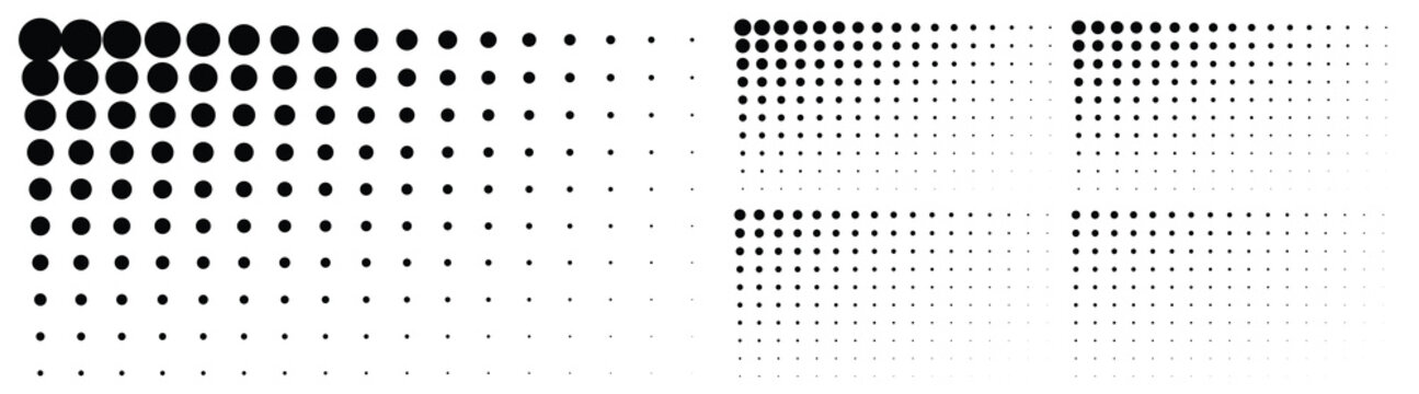 Set of halftone circle dots gradient pattern textures on white background. Corner half tone dots backgrounds. Horizontal templates using halftone dots pattern. Vector illustration