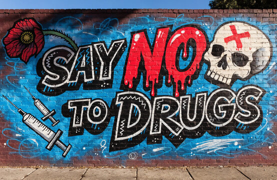 Say No to Drugs Graffiti Mural With Skull, Syringes and Poppy Anti-Drug Street Art