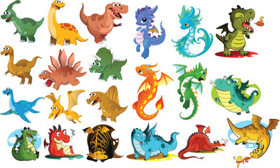 A vibrant collection of cartoon dinosaurs and mythical dragons in various playful poses and colors, ideal for children's graphic resources. © Galwis
