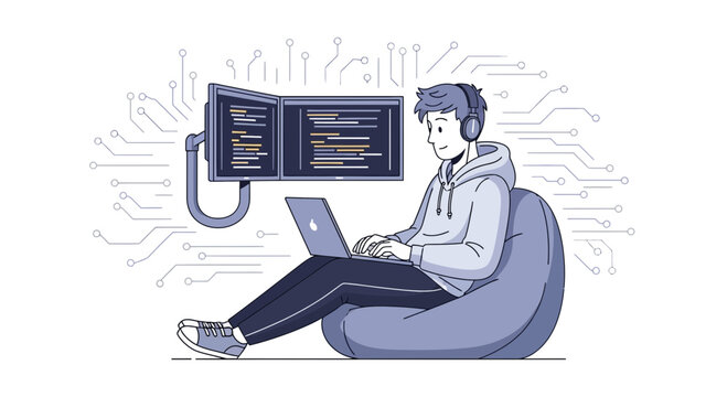 Programmer Coding on Laptop and Monitors with Tech Background