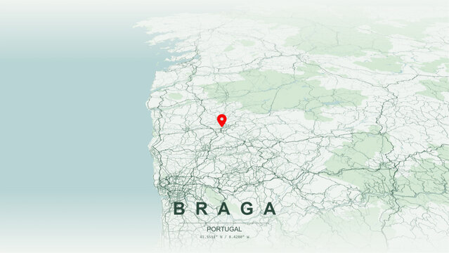 Modern minimalist vector map of Braga, Minho, Portugal. High-quality scalable illustration of Braga city grid, historic Centro Storico layout for posters and design.