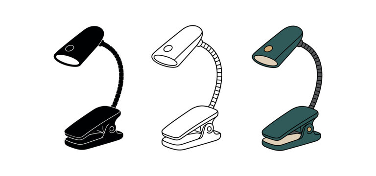 Clip-on desk lamp icon set. clamp lamp, reading light, gooseneck, bedside lamp, book light, flexible clip. outline flat and colored vector illustration.
