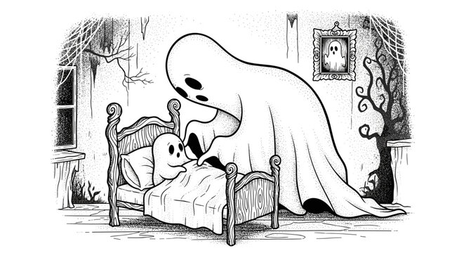 Ghost tucking in a smaller ghost into bed.