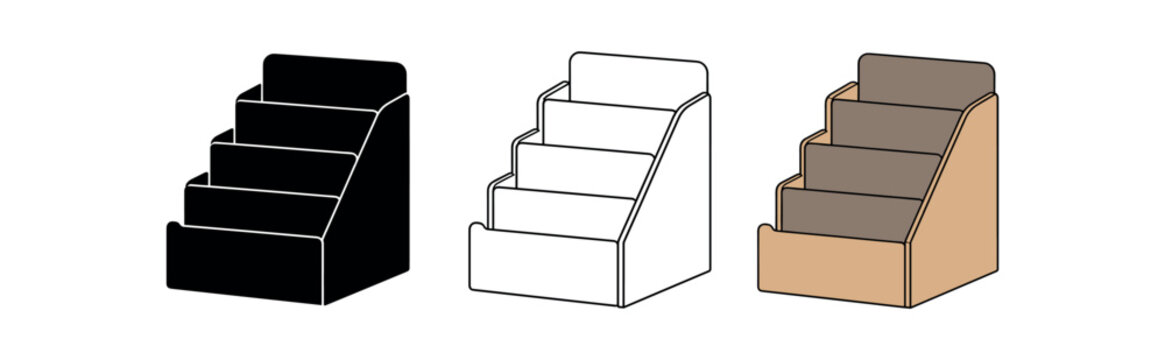 Brochure display rack icon set. literature stand, tiered organizer, leaflet holder, retail display, countertop organizer. line, flat and colored vector icon set.