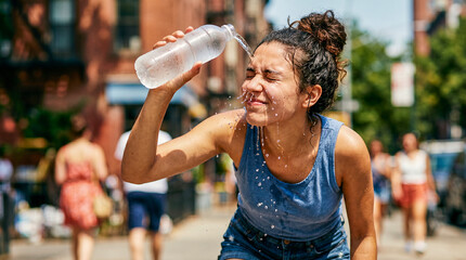Mujer refrescándose con agua fría durante una ola de calor veraniega intensa.