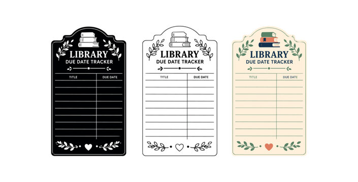 Library due date tracker icon set. due date card, checkout, title, return date, book log, vintage label. line, flat and colored vector icon set.