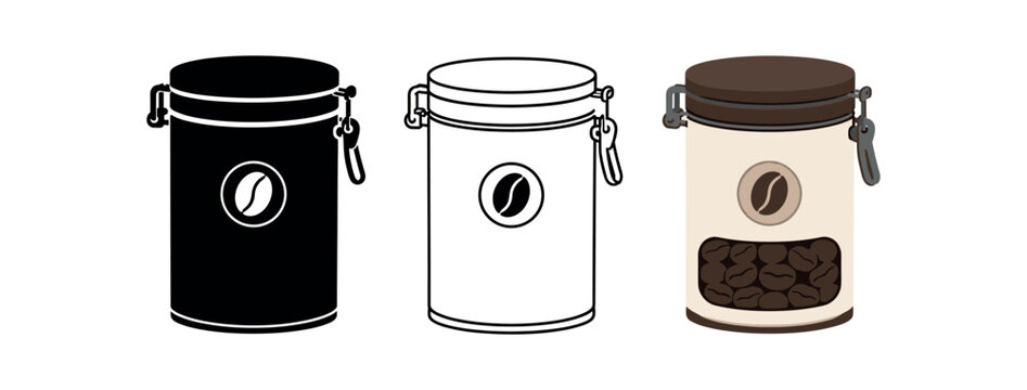 Coffee canister icon set. storage tin, coffee beans jar, airtight container, pantry, label. line, flat and colored vector icon set.