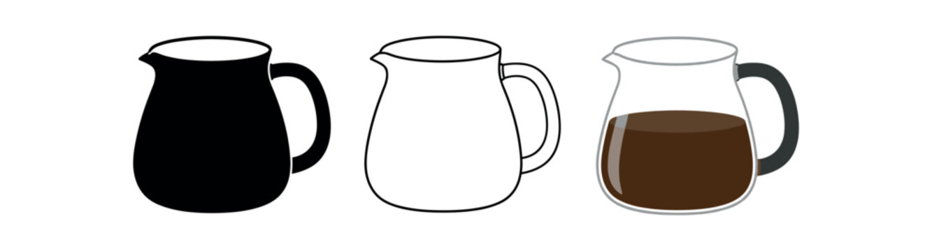 Coffee server icon set. carafe, coffee jug, pitcher, pourer, serving pot, coffee syrup container. line, flat and colored vector icon set.