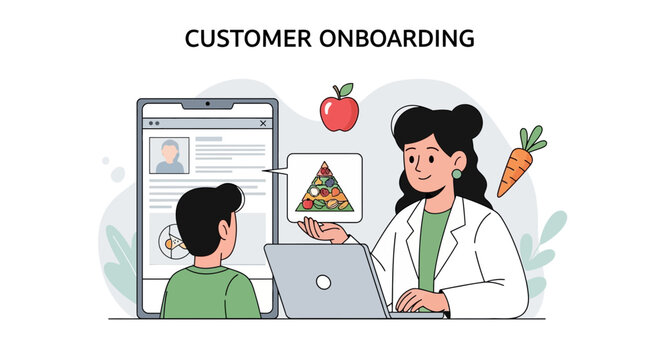 Nutritionist counseling client for healthy eating plan on laptop