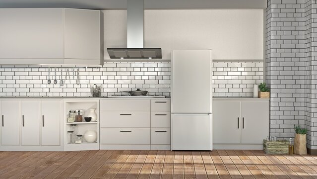 Bright modern kitchen interior design mockup with beige cabinets, white subway tile backsplash, stainless steel range hood, and a contemporary white refrigerator. Realistic 3D render of a home kitchen