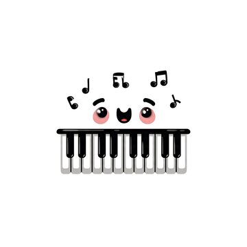 Cute cartoon music note face with piano keyboard border.