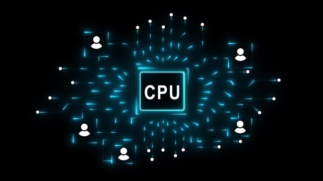 Glowing digital circuit board with central processor chip displaying AI concept,Digital schematic with neon energy flow, Futuristic CPU technology and algorithm processing 4k video...