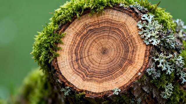 Tree trunk cross section with moss