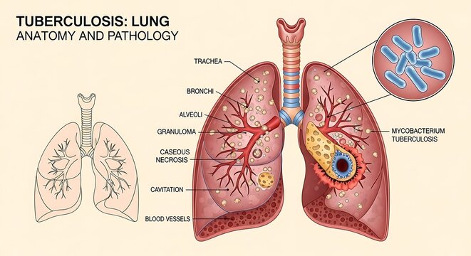 Tuberculosis Lung Anatomy and Pathology Diagram.