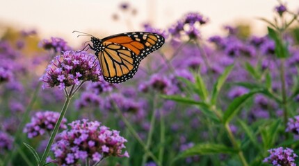 Obraz premium Monarch Butterfly Perched on Purple Flowers in a Serene Garden Setting.