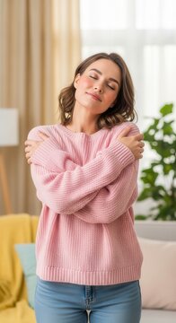 Woman embracing herself in pink sweater. Promoting breast cancer awareness and self care.