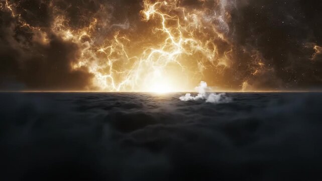 Creation of light in the cosmos. Divine golden energy exploding over dark clouds. Biblical genesis and beginning of the universe concept