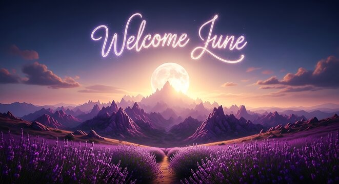 Sunset over mountain range with welcome text overlay.