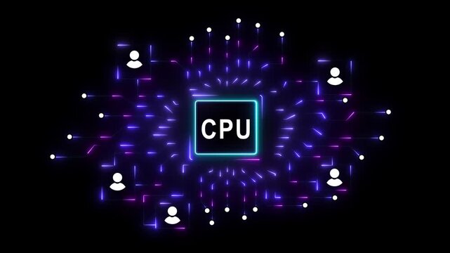 Glowing digital circuit board with central processor chip displaying AI concept,Digital schematic with neon energy flow, Futuristic CPU technology and algorithm processing 4k video...