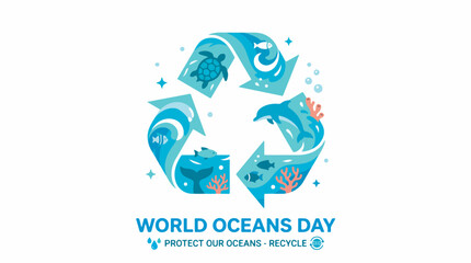 Fototapeta premium World Oceans Day recycling symbol with marine life and waves, promoting ocean protection and recycling.