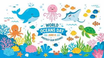 Fototapeta premium Vibrant underwater scene celebrating World Oceans Day with diverse marine life and coral reefs, promoting ocean protection.
