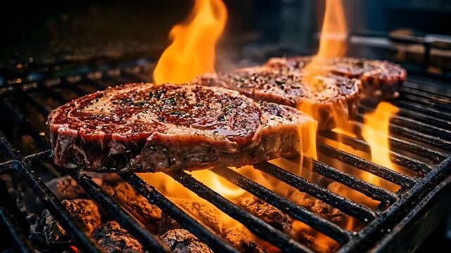 Sizzling premium ribeye steaks perfectly charring on a hot outdoor grill, engulfed in bright flames, promising a juicy, flavorful, and unforgettable culinary experience