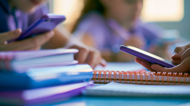 Close-up of hands holding smartphones and a stack of study notebooks on a table &mdash; a shot of a student working in a group or preparing for a class. Using mobile devices in the learning process.