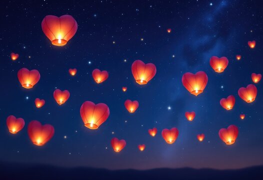 Heart-shaped lanterns float in a night sky filled with stars