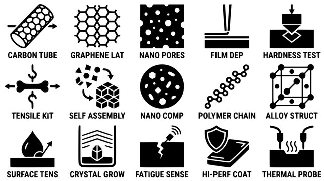 Vector graphic illustration of nanotechnology and material science concepts