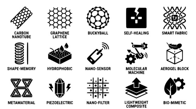 Advanced materials and nanotechnology vector graphic illustration set