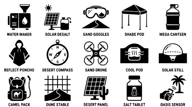 Desert survival vector graphic illustration with various tools and equipment
