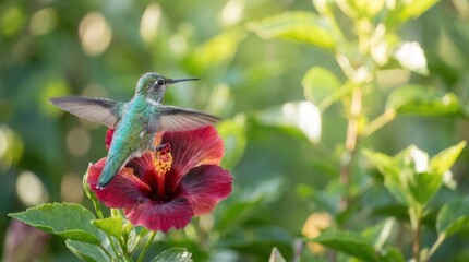 Fototapeta premium Hummingbird Hovering Over a Red Hibiscus Flower in a Sunny Garden.