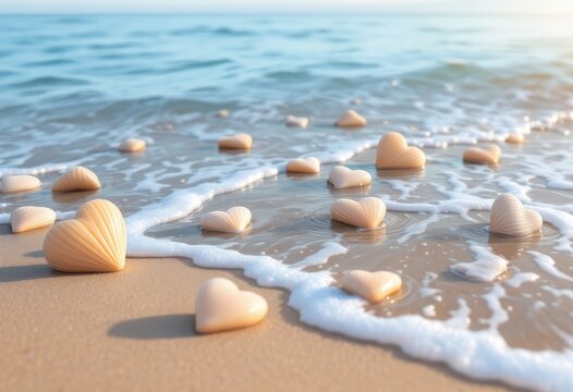 Pale beige heart-shaped stones on a sandy beach washed by gentle waves