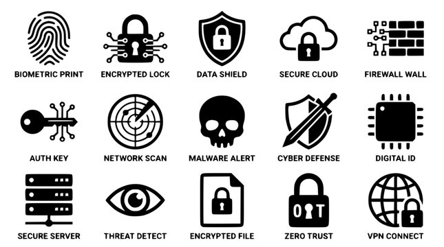 Cybersecurity icons set for protecting data and network systems online