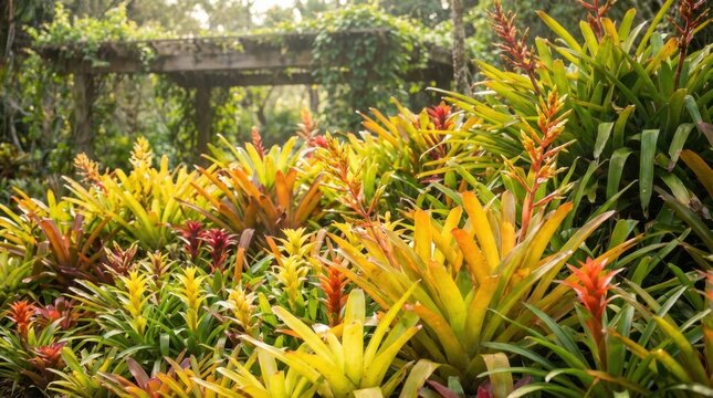 Lush Garden Scene Featuring Colorful Bromeliads and Wooden Pergola.