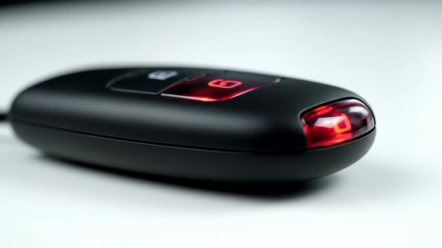 Close-up of a luxury car key fob with a glowing red lock button. Automotive security and technology concept