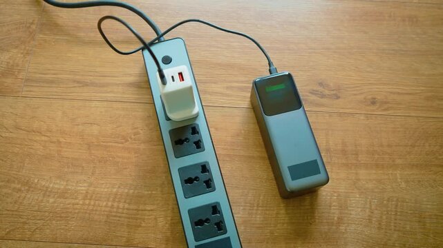 Portable power bank charging from power strip with USB adapter on wooden floor. Extension socket and cable supplying energy for mobile battery in modern home tech setup. Minimal composition