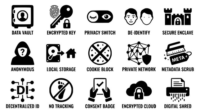 Vector graphic illustration of various data security and privacy icons