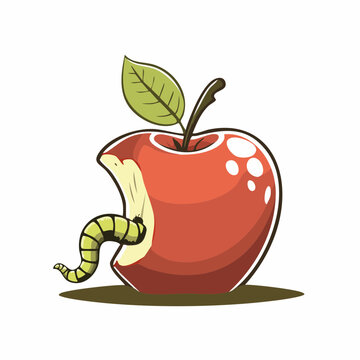 Cartoon Worm Eating a Red Apple