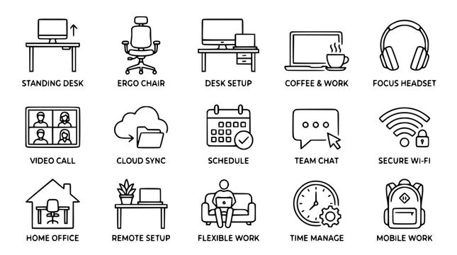 Vector graphic illustration of various remote work icons and symbols