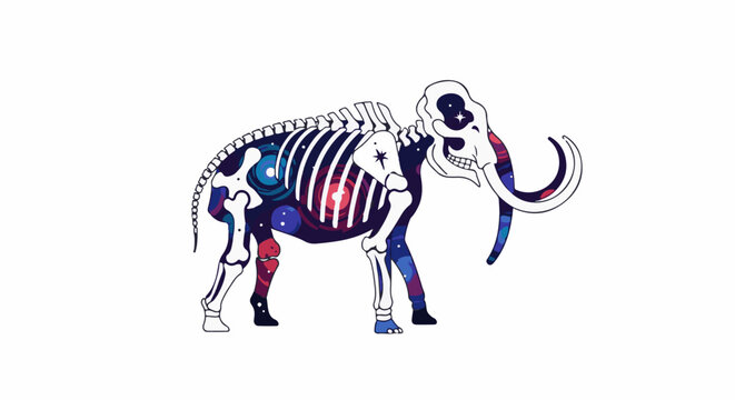 Stylized elephant skeleton filled with cosmic, colorful patterns