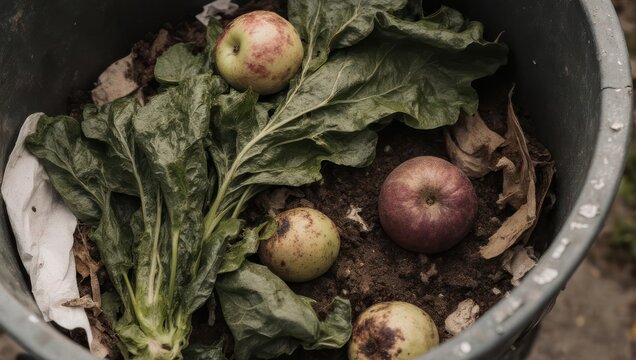 Close-up of a compost bin filled with decomposing food scraps, leaves, and apples