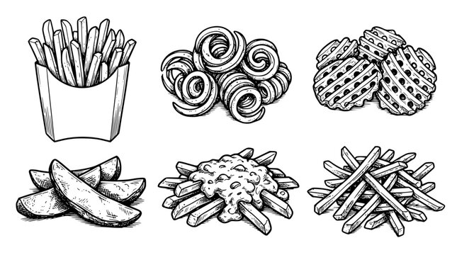 Various types of potato chips and fries in a vector illustration