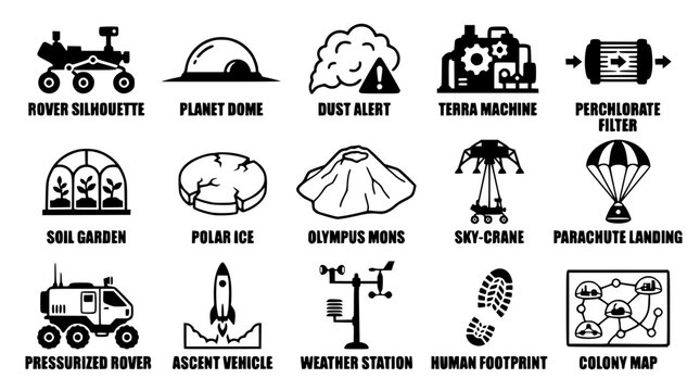Black and white vector graphic illustration of mars exploration icons set