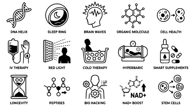 Vector graphic illustration of various biohacking and wellness concepts design