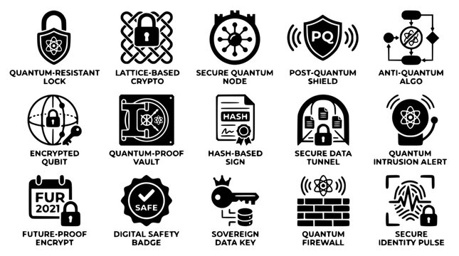 Black and white quantum computing security icons and labels illustration
