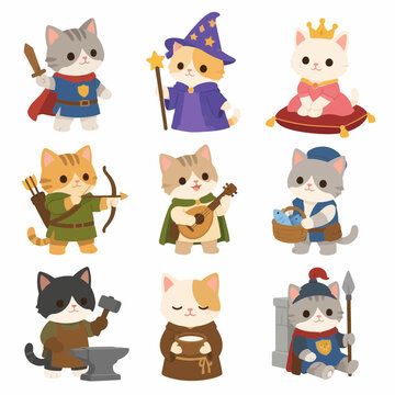 Set of nine cute cartoon cat characters in medieval fantasy RPG costumes including a knight, wizard, queen, archer, bard, fisherman, blacksmith, monk, and guard isolated on white background.
