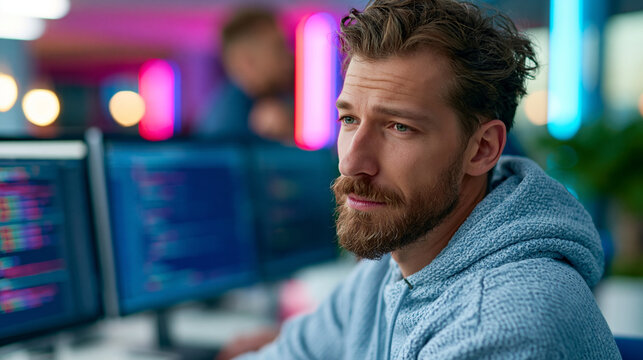 Developer analyzing code on multiple monitors in a vibrant neon-lit workspace, creative coding environment, programming lifestyle concept, defocused background, with copy space