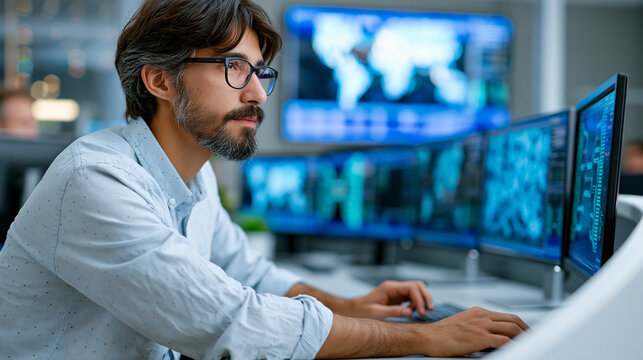 Data analyst sitting at a curved desk intently monitoring complex information and dynamic visualizations across multiple computer screens and a large video wall, defocused