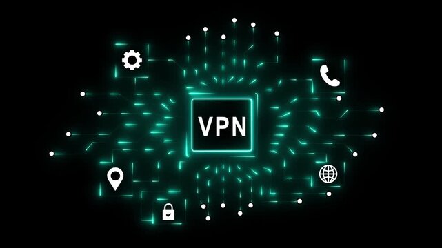 Glowing digital circuit board with central processor chip displaying AI concept,Digital schematic with neon energy flow, Futuristic VPN technology and algorithm processing 4k video...